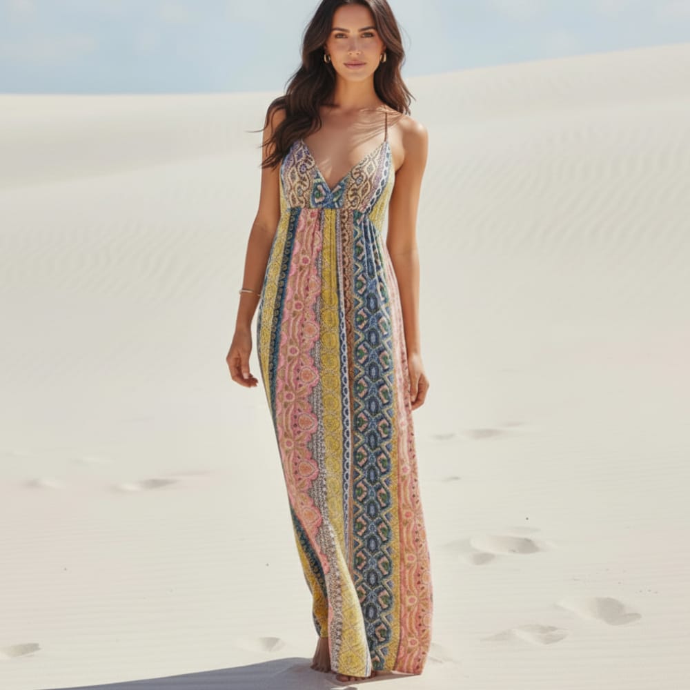Boho Beach Hut Boho Dress, Beach Dress, Summer Dress, Maxi Dress, Chic Dress, Long Dress, Below knee dress, Sundress, Maxi Dress, Long Dress Sexy Deep V Neck Bohemian Print Maxi Dress Pink / S