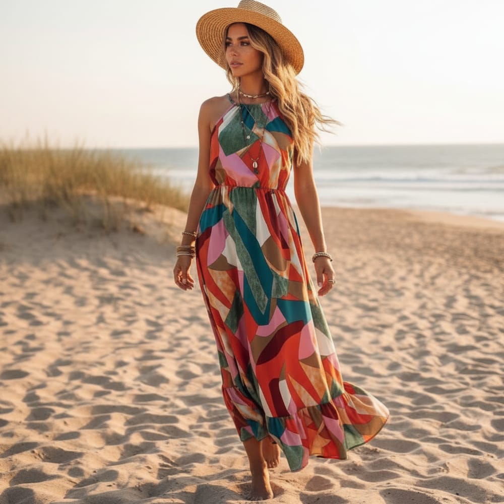 Boho Beach Hut Dresses, Maxi Dress,, Long Dress, Summer Dress, Church Dress, Long Dress, Beach Dress, Beach Dress, Boho Dress Colorful Boho Summer Halter Maxi Dress Red / S