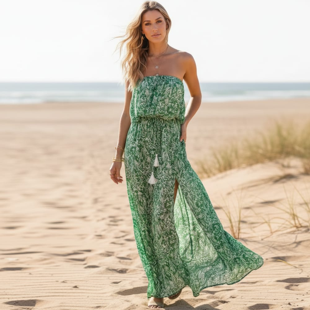 Boho Beach Hut Dresses, Maxi Dresses, Summer Dresses Strapless Print Boho Maxi Dress Green / S