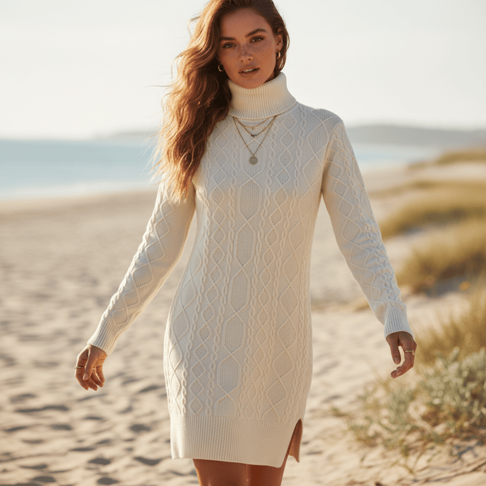 Boho Beach Hut Mini Dress, Winter Dress, Knit Dress, Turtleneck Dress Off White / S Boho Turtleneck Knit Sweater Dress