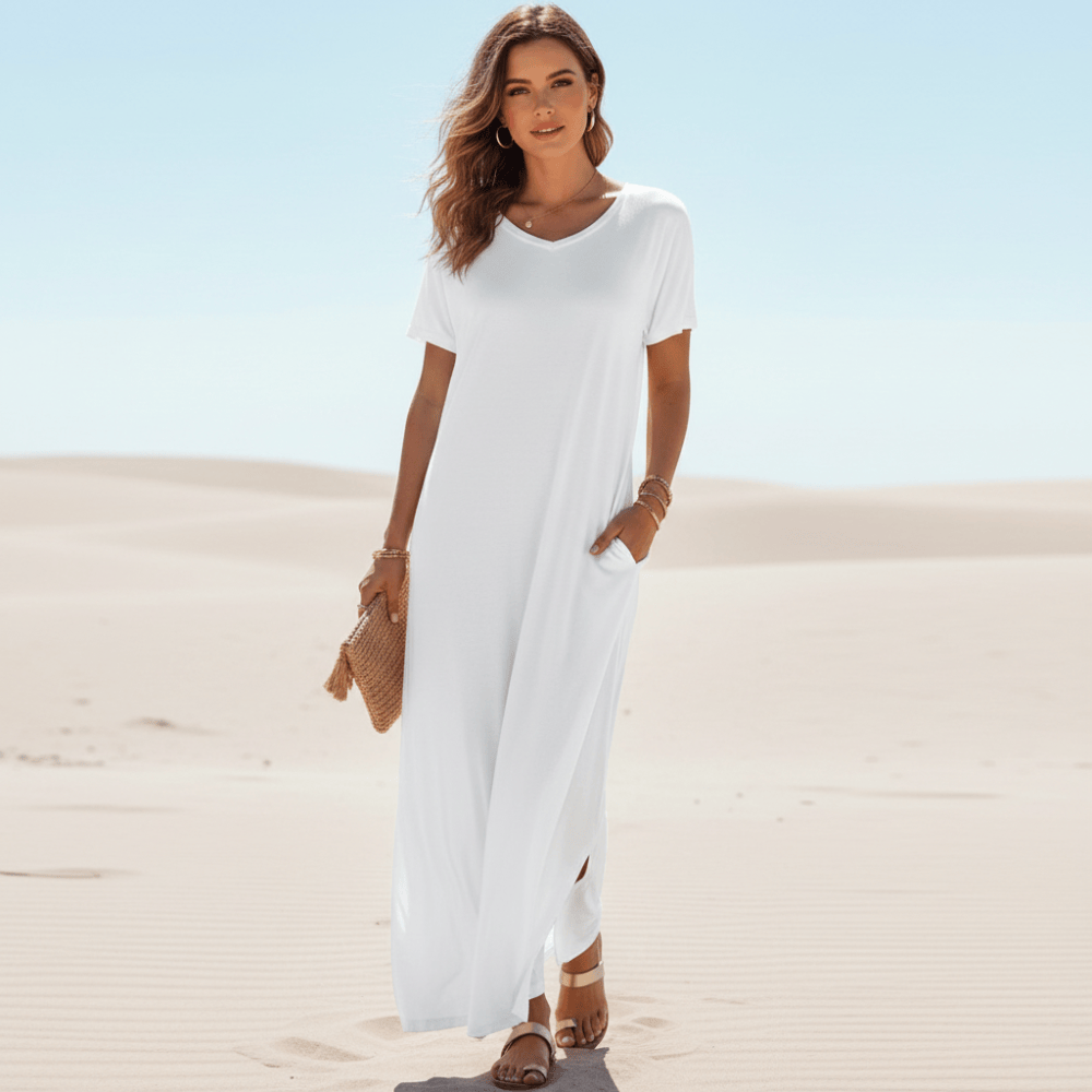 Boho Beach Hut Plus Size dress, short sleeve dress, Beach Dress, Chic Dress, Summer Dress, Maxi Dress, long dress, black dress, burgundy dress, blue dress, navy dress, gray dress, brown dress, casual dress Casual T-Shirt Maxi Dress White / S