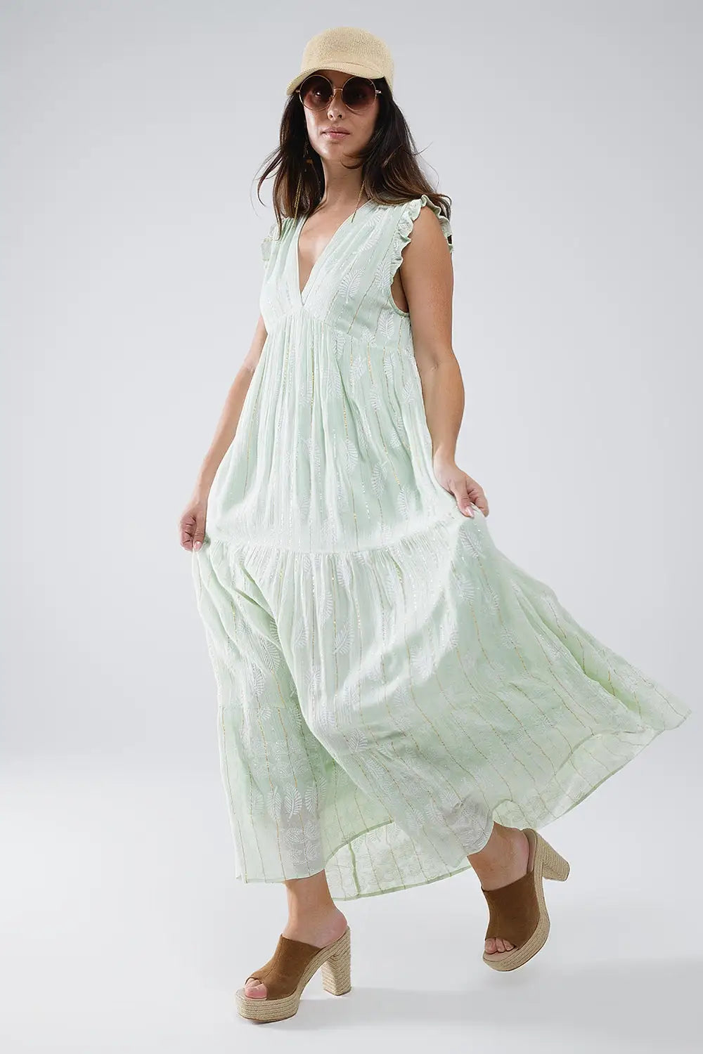 Boho Maxi Babydoll Dress With Leaf Print and Lurex in Mint - Dresses