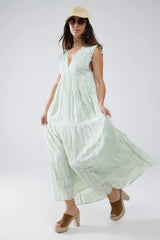 Boho Maxi Babydoll Dress With Leaf Print and Lurex in Mint - Dresses