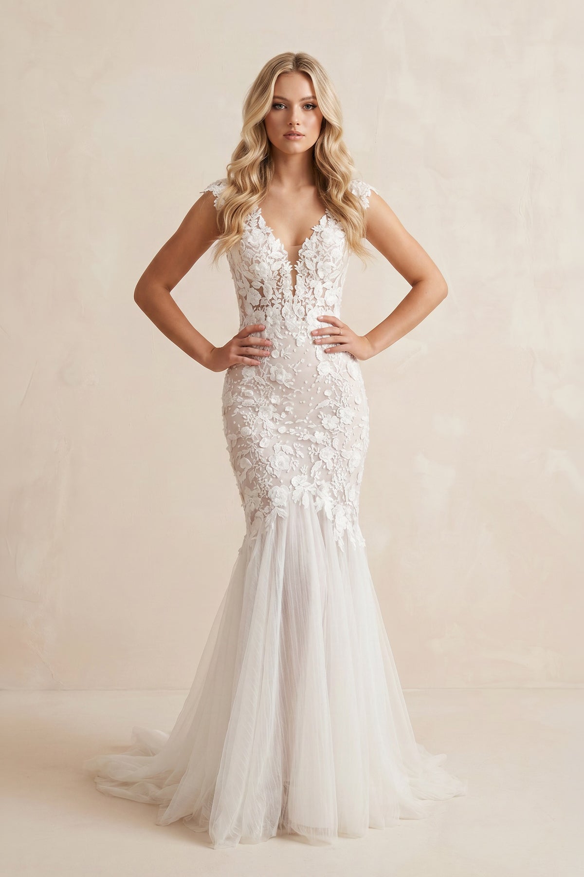 Boho Mermaid Wedding Dress Floral V-neck Casual Gown with Open Back and Lace Appliques-KissProm