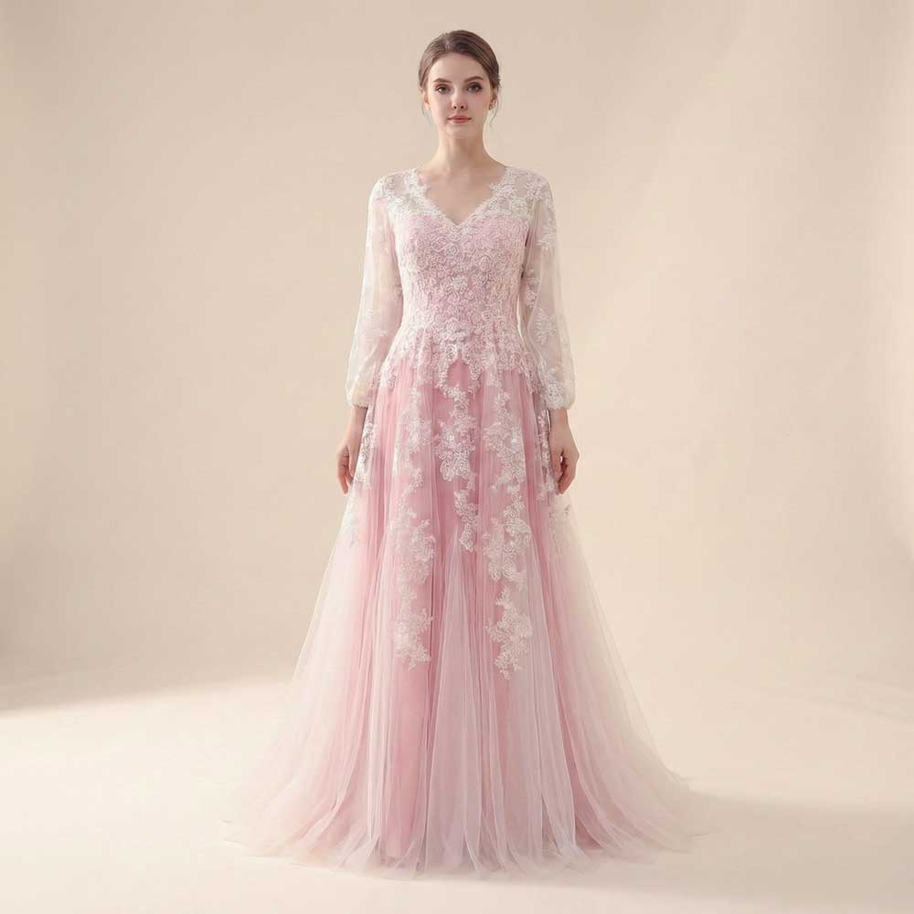 Pink Boho Lace Wedding Dress with Long Sleeves | FLORIA