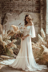 Flowy Chiffon Off Shoulder A-line Beach Wedding Dress