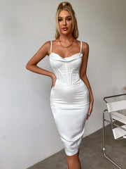 Boning Push Up Padded Corset Satin Dress In White