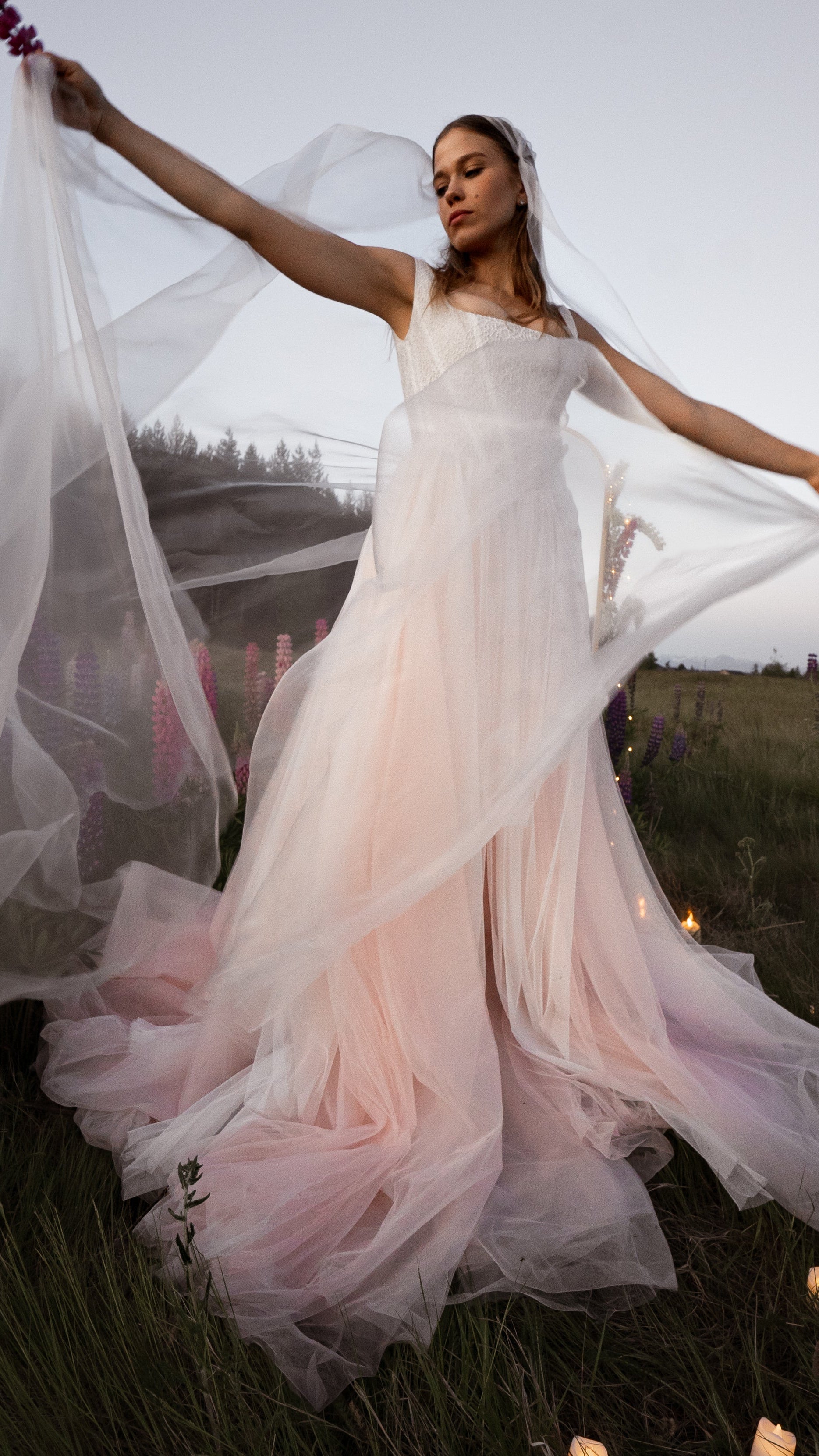 3-in-1 liquid super organza veil worn as a mantilla-style veil, neck scarf and editorial bridal veil with ultra-light finish