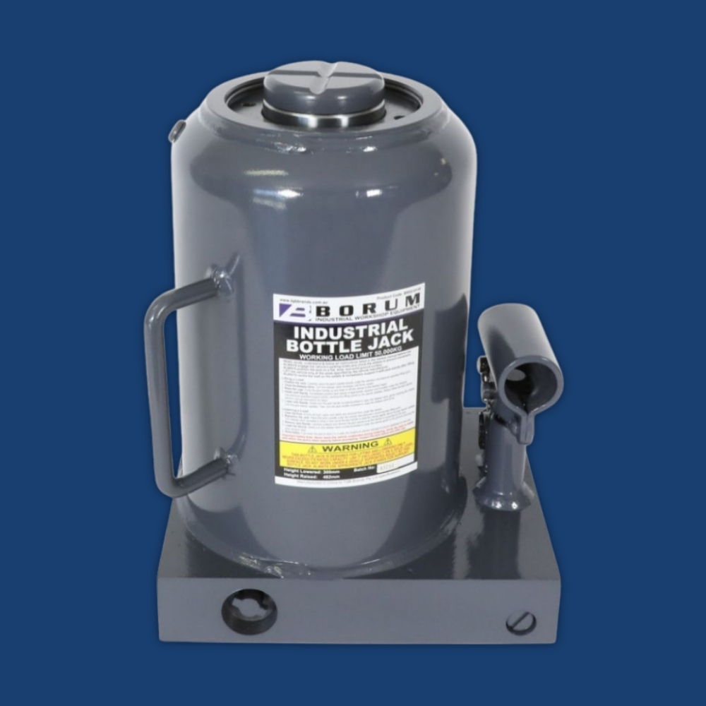 Front view of Borum Industrial Hydraulic Bottle Jack - 50 Tonne Capacity