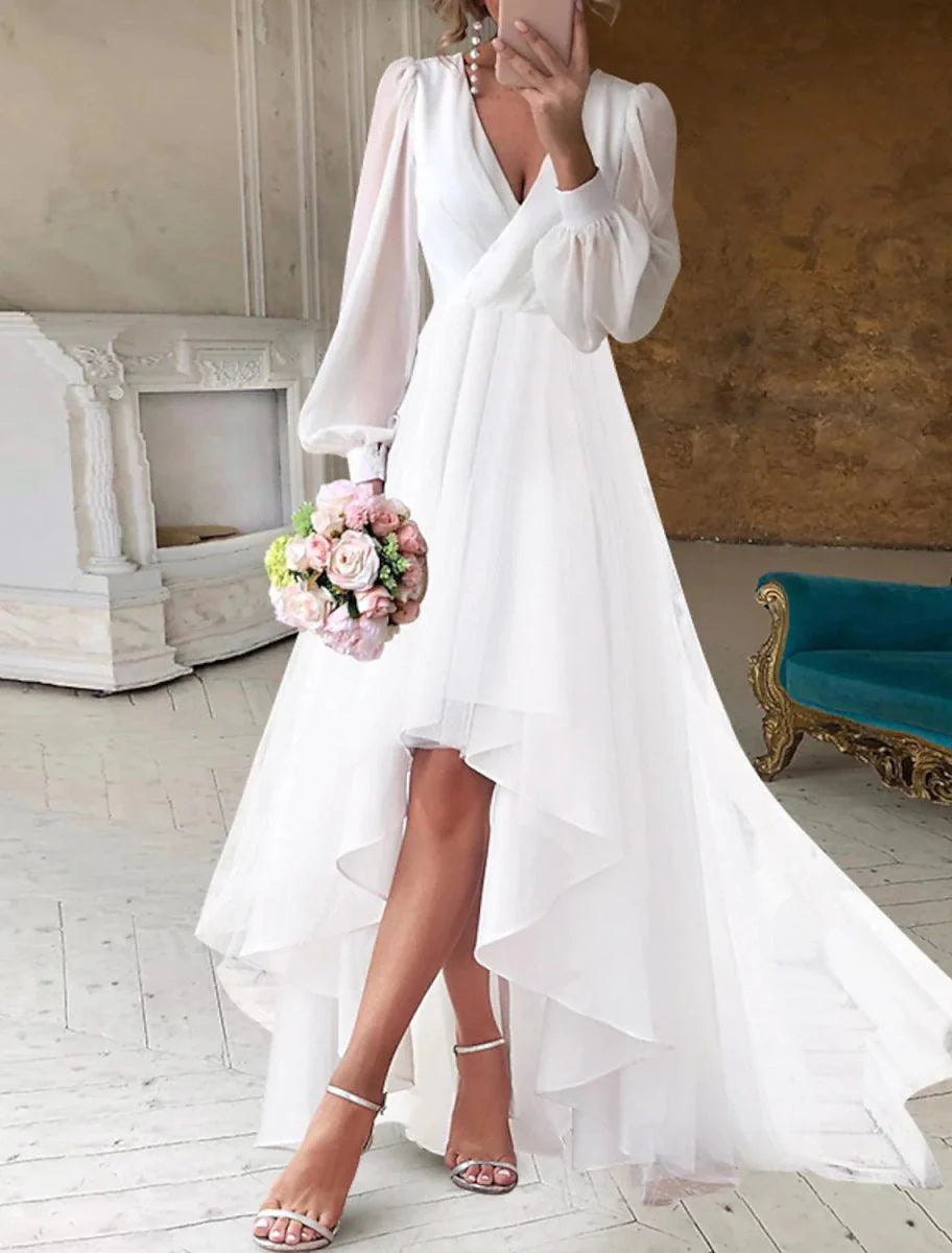 NumberSea - Bridal Shower Fall Wedding Dresses Little White Dresses Casual A - Line V Neck Long Sleeve Asymmetrical Chiffon Bridal Gowns With Solid Color Summer Wedding Party