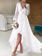 NumberSea - Bridal Shower Fall Wedding Dresses Little White Dresses Casual A - Line V Neck Long Sleeve Asymmetrical Chiffon Bridal Gowns With Solid Color Summer Wedding Party