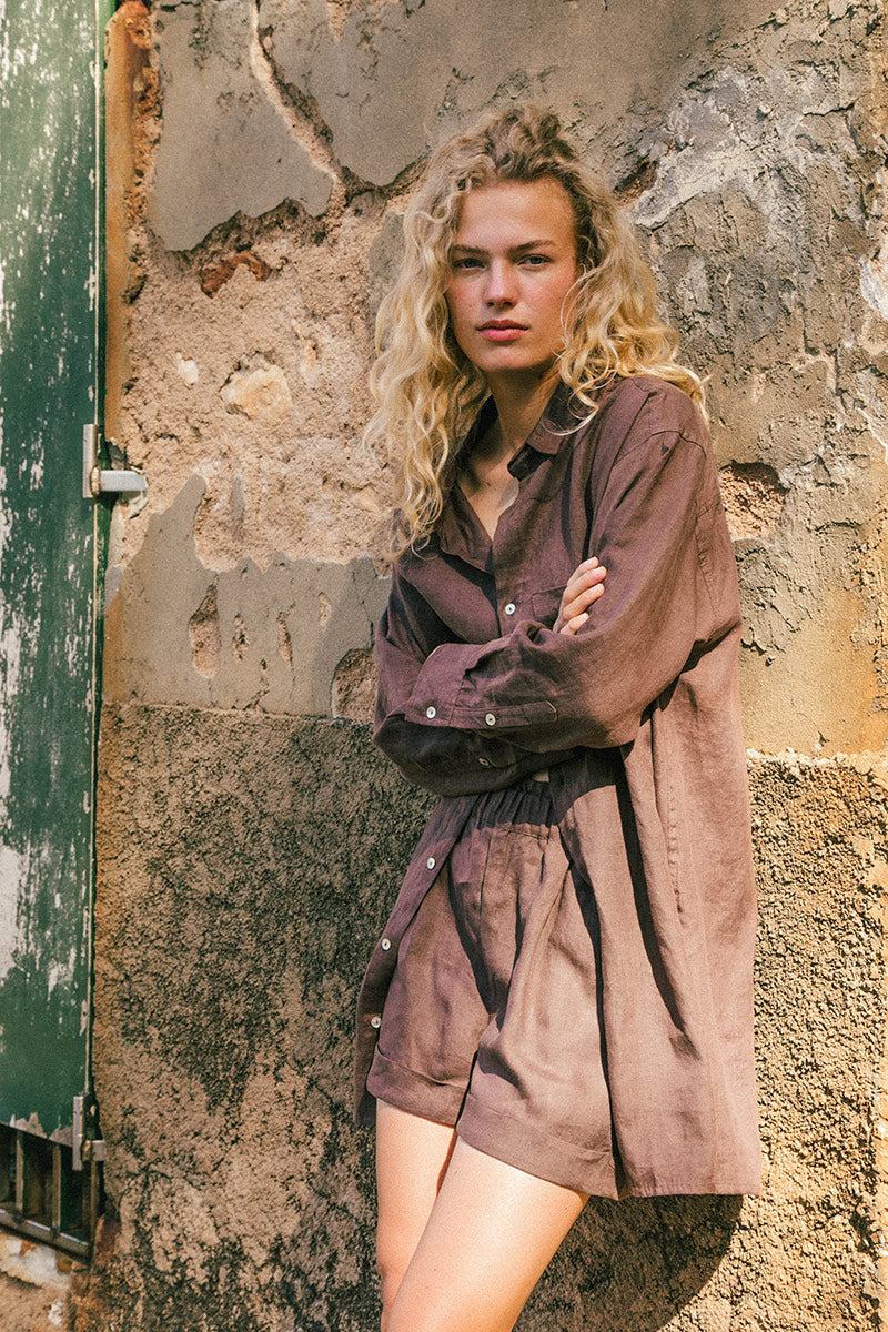 Coffee linen summer shirt dress