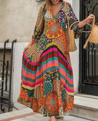Buddhatrends Multi / S Boho Pleated Flare Sleeve Dress