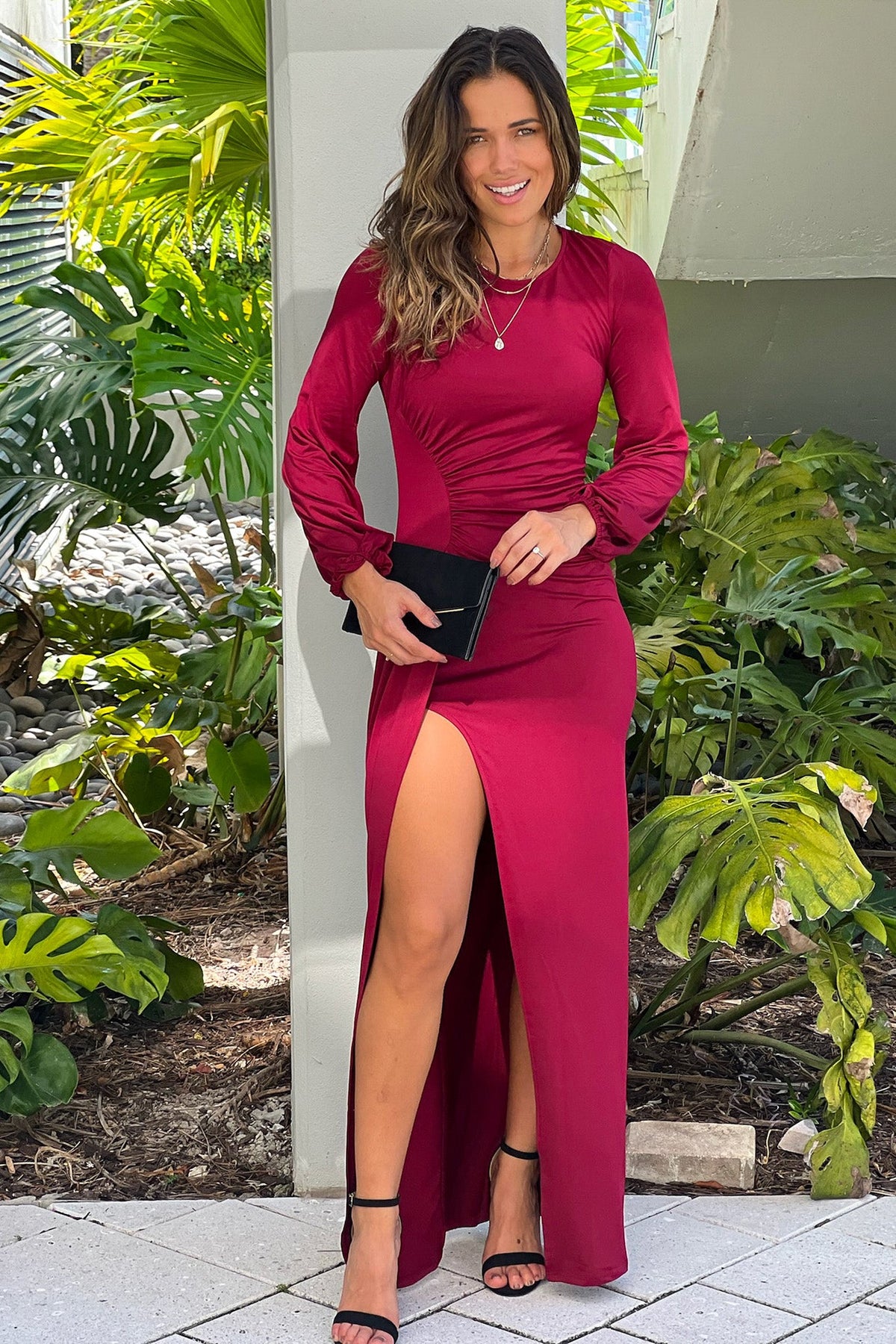 burgundy long sleeve maxi dress with slit