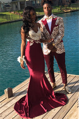 Burgundy Spaghetti Straps Applique Mermaid Sleeveless Prom Dresses-showprettydress