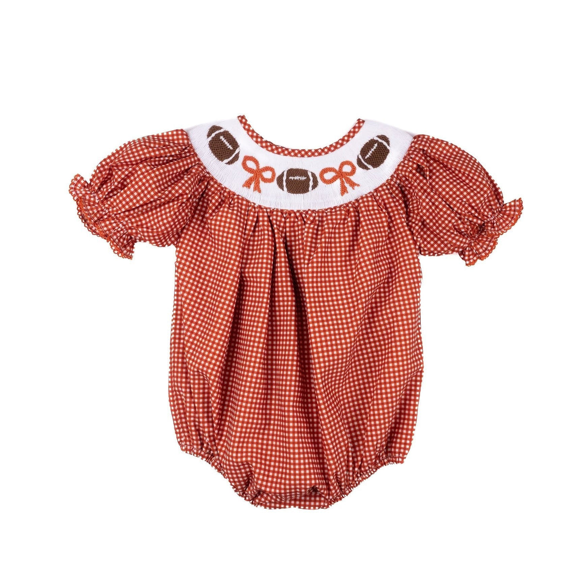 Burnt Orange Gingham Smocked Football Hallie Bubble - Threadfare Children's Boutique