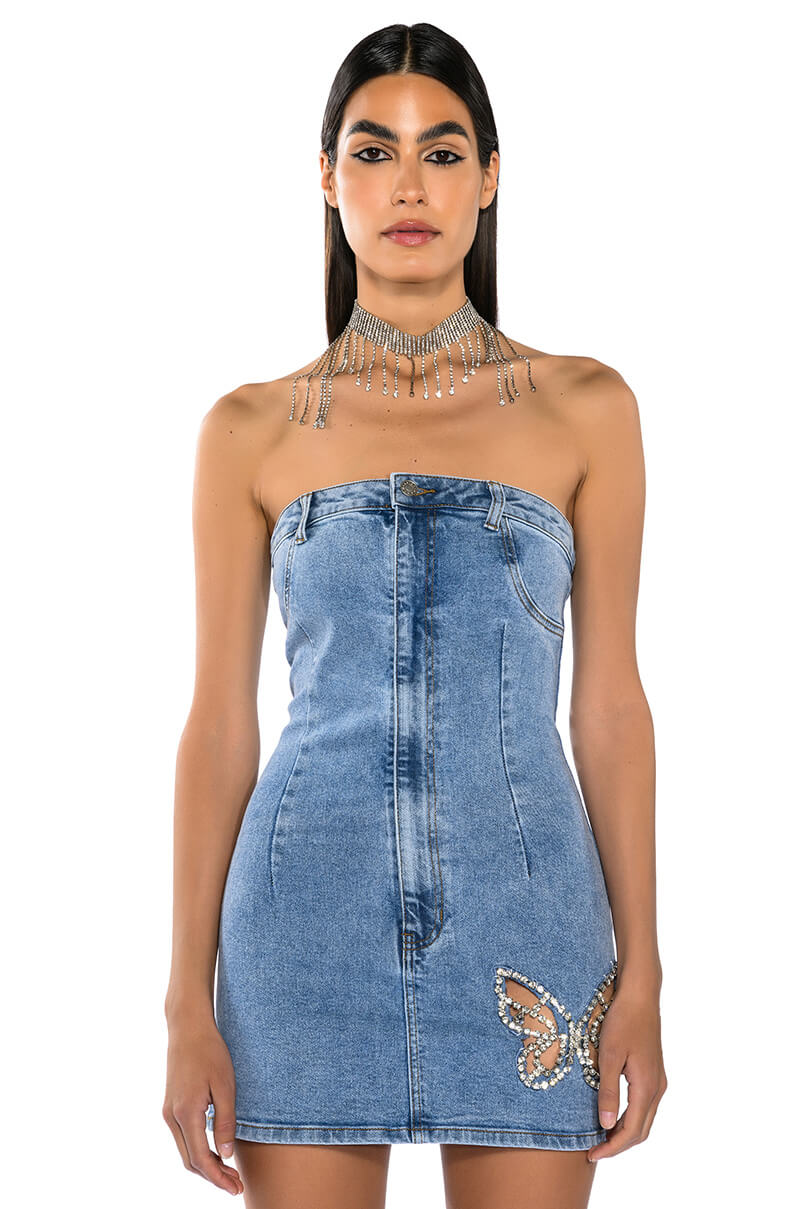 Front View Butterfly Kiss Embellished Denim Mini Tube Dress