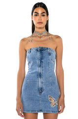Front View Butterfly Kiss Embellished Denim Mini Tube Dress