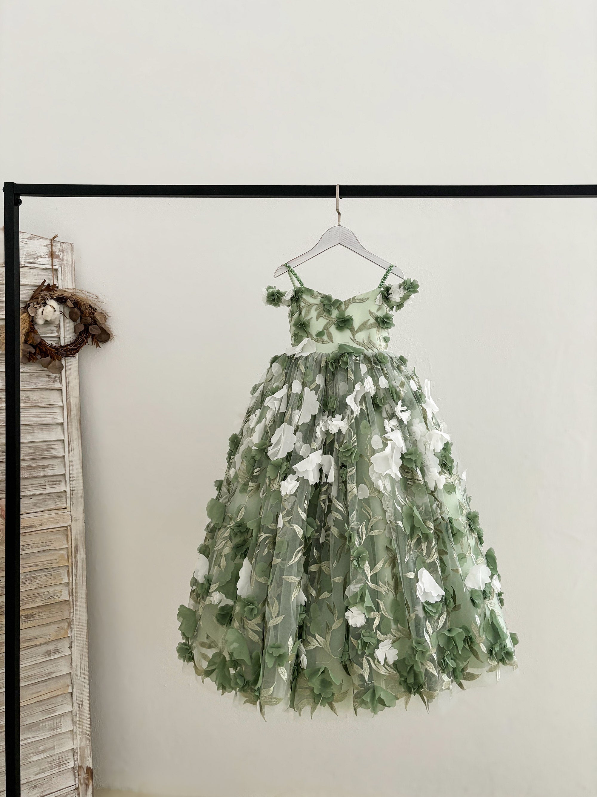 Off-Shoulder Green 3D Lace Flower Tulle Kids Pageant Flower Girl Dress