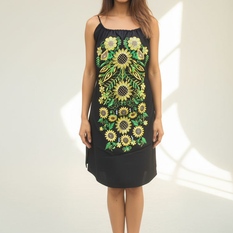 Handmade Women’s Navy Blue Embroidered Mexican Sunflower Dress - Size Large