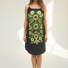 Handmade Women’s Navy Blue Embroidered Mexican Sunflower Dress - Size Large