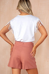 Claire White Cotton Tassel Sleeve T Shirt
