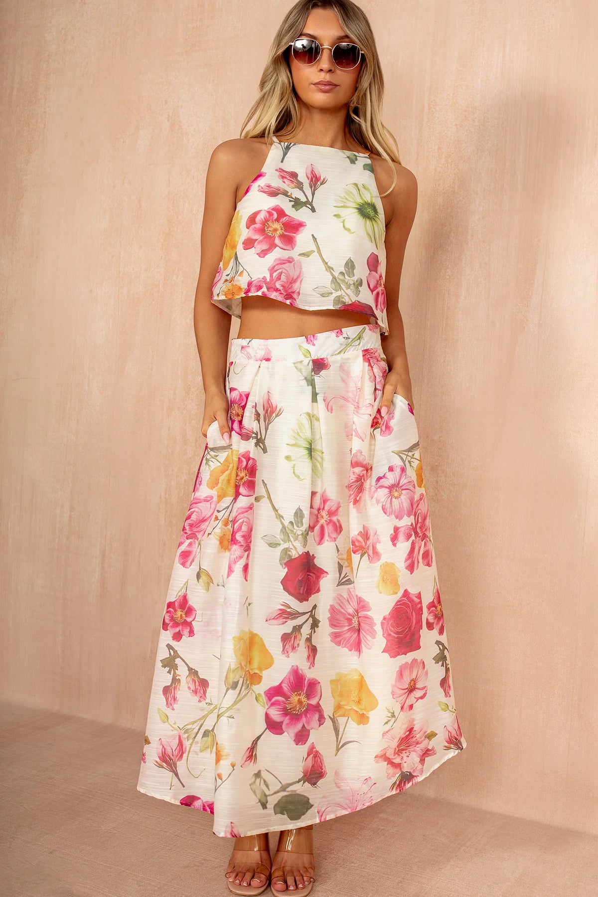 Giorgia Cream Floral Pleated Midi Skirt