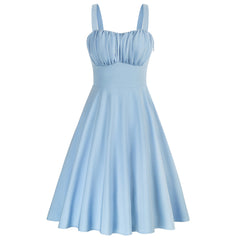 belle poque Women's Vintage Sleeveless Solid Floral Ruched Summer Cute Flowy Swing Midi Dress Light Blue