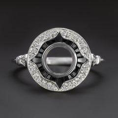 BLACK ONYX DIAMOND 6.5mm ROUND ENGAGEMENT RING SETTING VINTAGE STYLE HALO TARGET