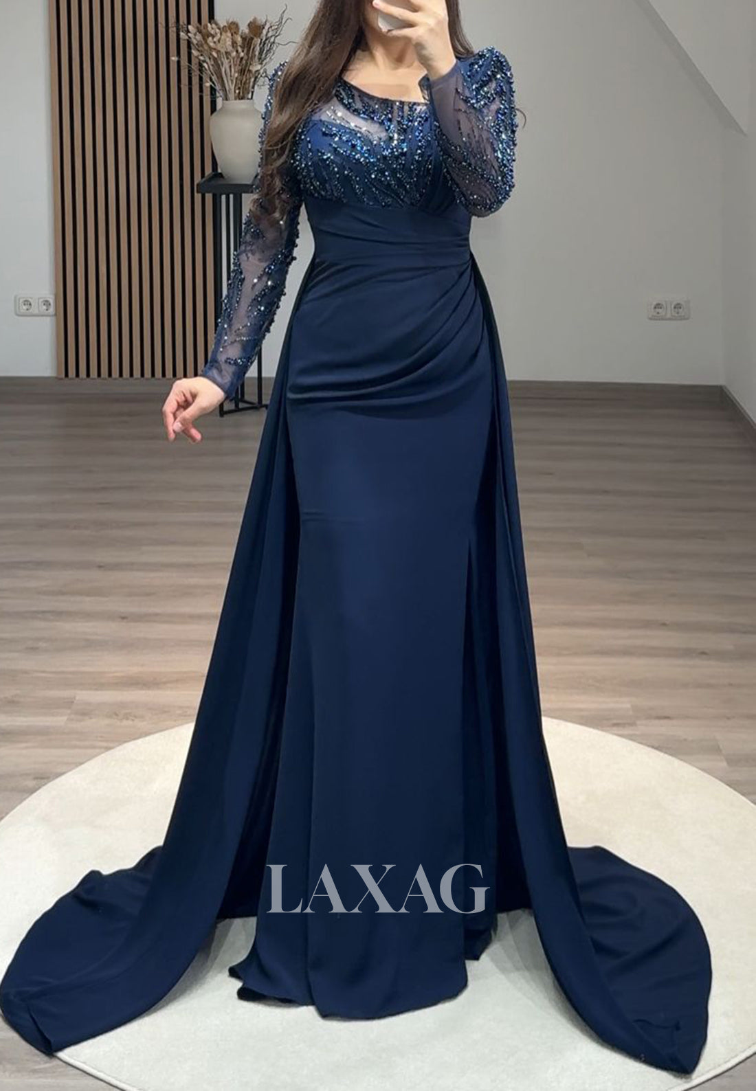 Long Sleeves Mother of the Bride Dress Beaded Sequined Pleated Satin Mermaid Evening Dress with Overskirt