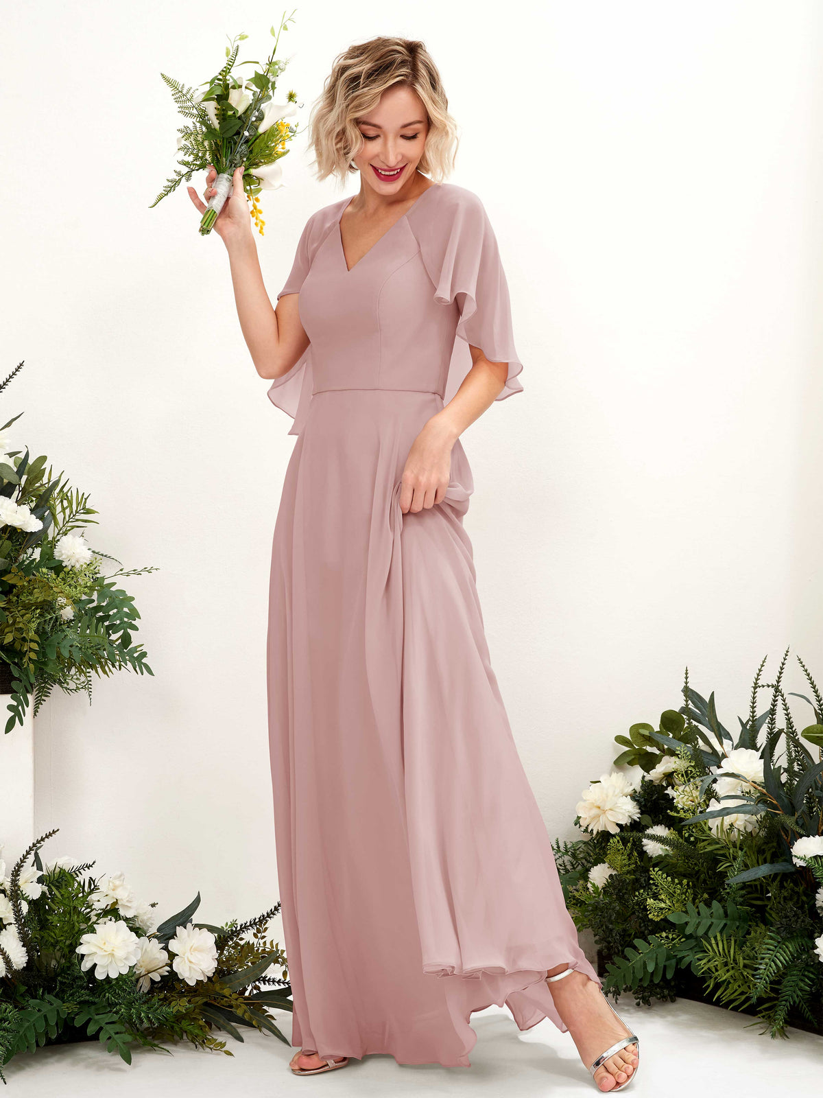 Carlyna Winnie A-Line Dusty Rose Bridesmaid Dress Maxi Short Sleeve V-Neck Dress Front View #color_dusty-rose
