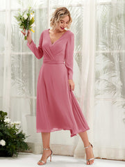 Carlyna Joanna A-Line Desert Rose Bridesmaid Dress Midi Long Sleeve V-Neck Front View #color_desert-rose