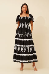 FLUTTER SLEEVE TIERED MAXI DRESS BLACK/WHITE_by_CAROLINE MORGAN_women's_in_New Zealand_ FLUTTER SLEEVE TIERED MAXI DRESS BLACK/WHITE _