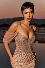 Blush Nude Off-Shoulder Beaded Gown with Sweetheart Neckline & Fitted Mermaid Silhouette CDCC477