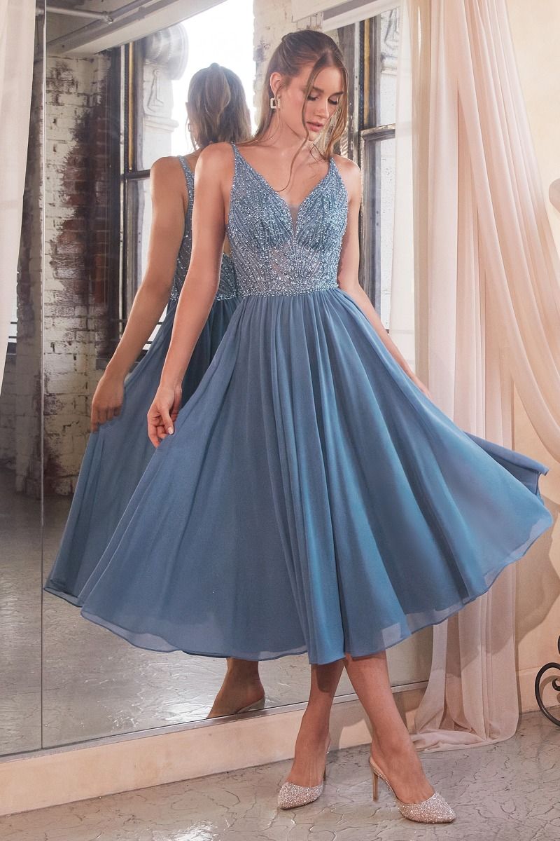 Cocktail Dresses Beaded A Line Tea Length Cocktail Dress Smoky Blue