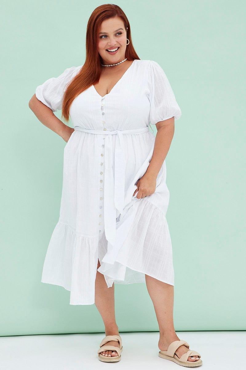 White Short Sleeve Textured Button Midi Dress for YouandAll Fashion