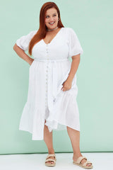White Short Sleeve Textured Button Midi Dress for YouandAll Fashion