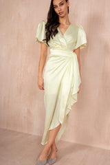 Drew Lemon Satin Wrap Midi Dress