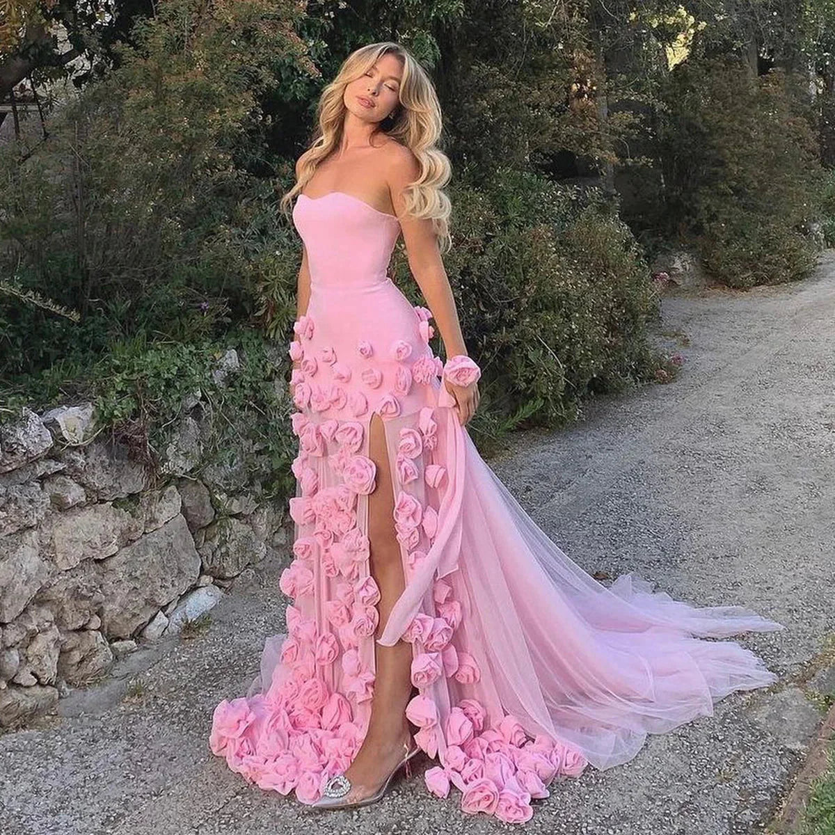 Chic Baby Pink 3D Flowers Mermaid Evening Dress 2025 SS207