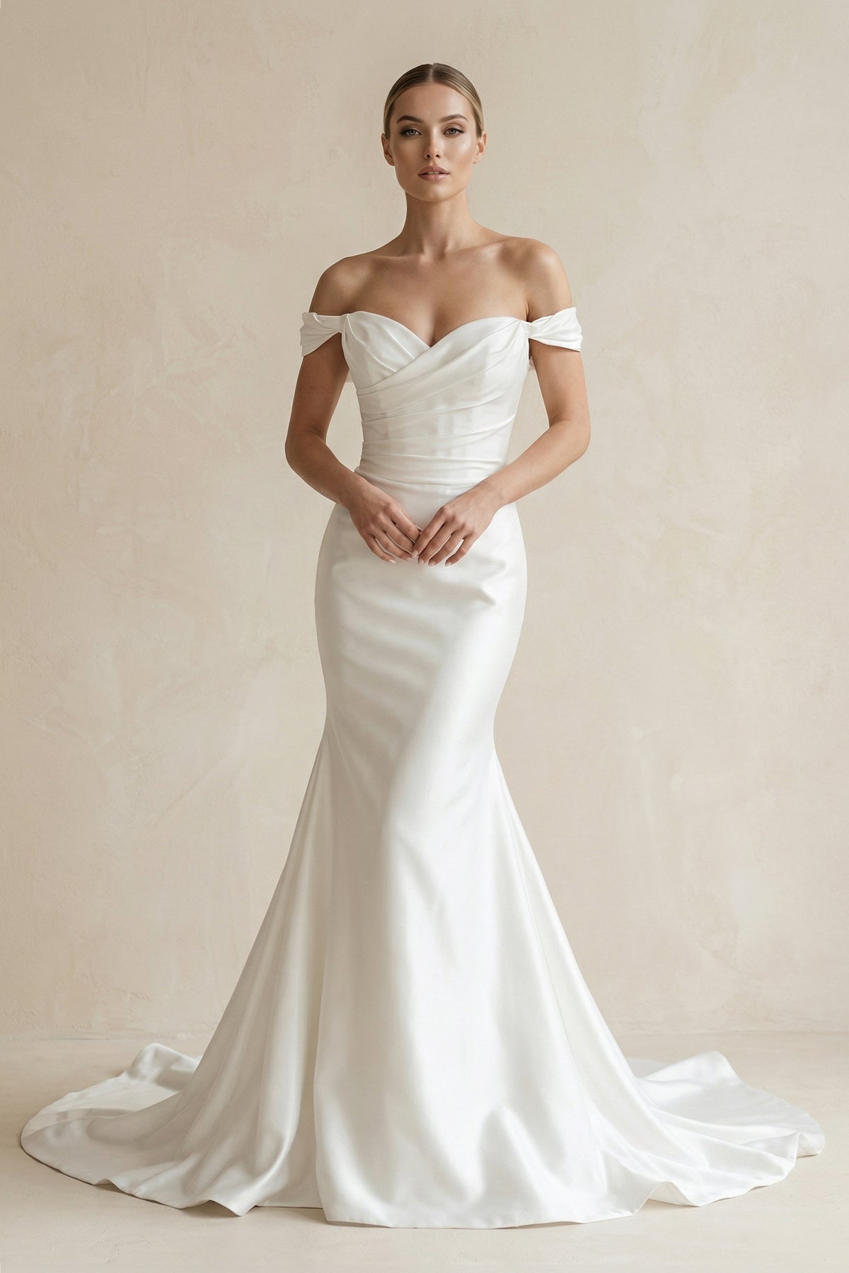 Chic Satin Mermaid Off-Shoulder Ruched With Train Beach Wedding Dress-KissProm