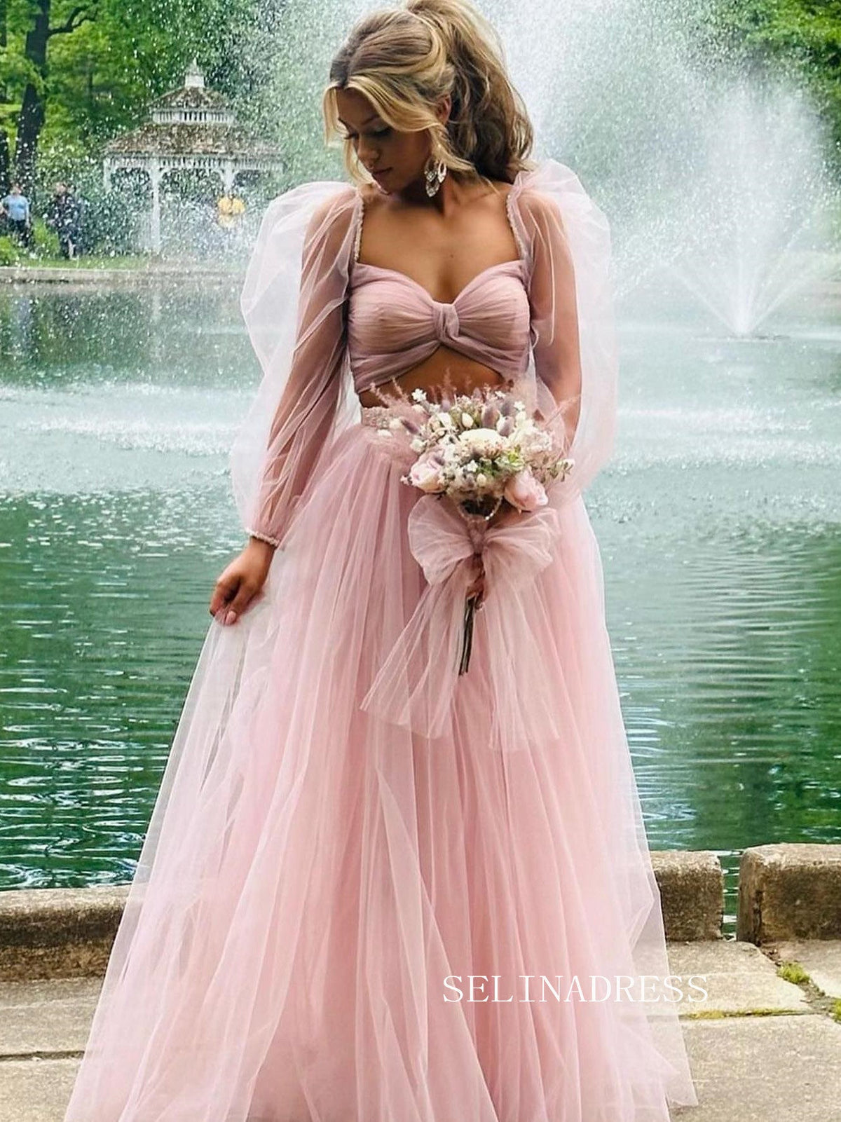 Chic Two Pieces Long Sleeve Prom Dress Blush Pink Elegant Evening Dress #kop138|Selinadress