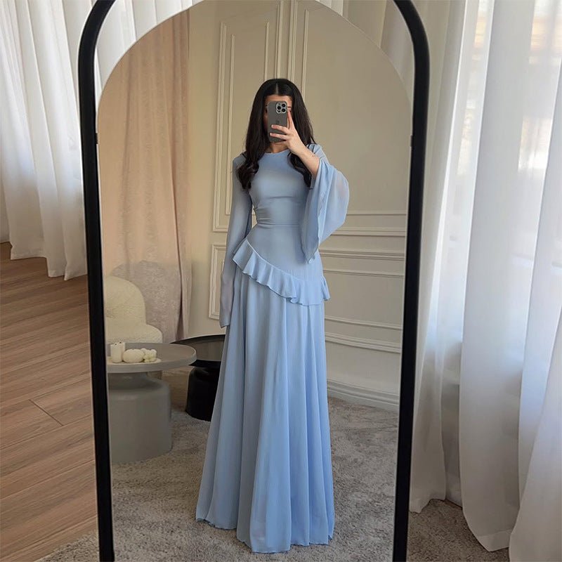 Chiffon Ruffle Gown with Tie - Back | Bell Sleeve Tiered Maxi Dress(MS227) - Mariam's Collection