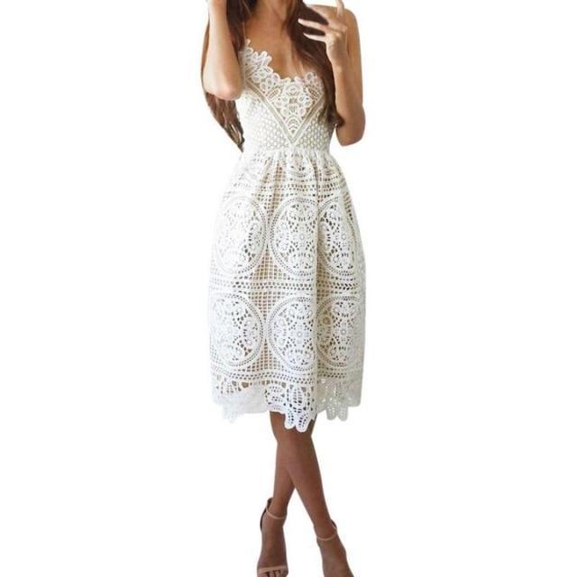 Clothing White / S (US 8-10) Sexy Party Dress Women Summer Deep V Neck Backless Lace Dresses Fashion Sleeveless Halter Bandage Midi Dress #BF ( US 8-16W)