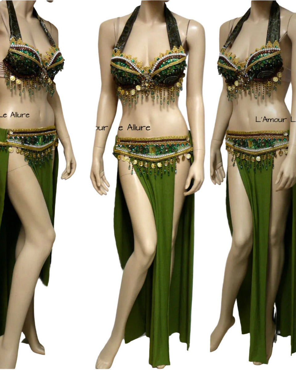 Green Leafeon Inspired Gypsy Belly Dancer Rave Bra Cosplay Halloween Costume Show Girl Burlesque