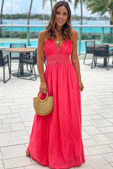 coral maxi dress with crochet trim and lining