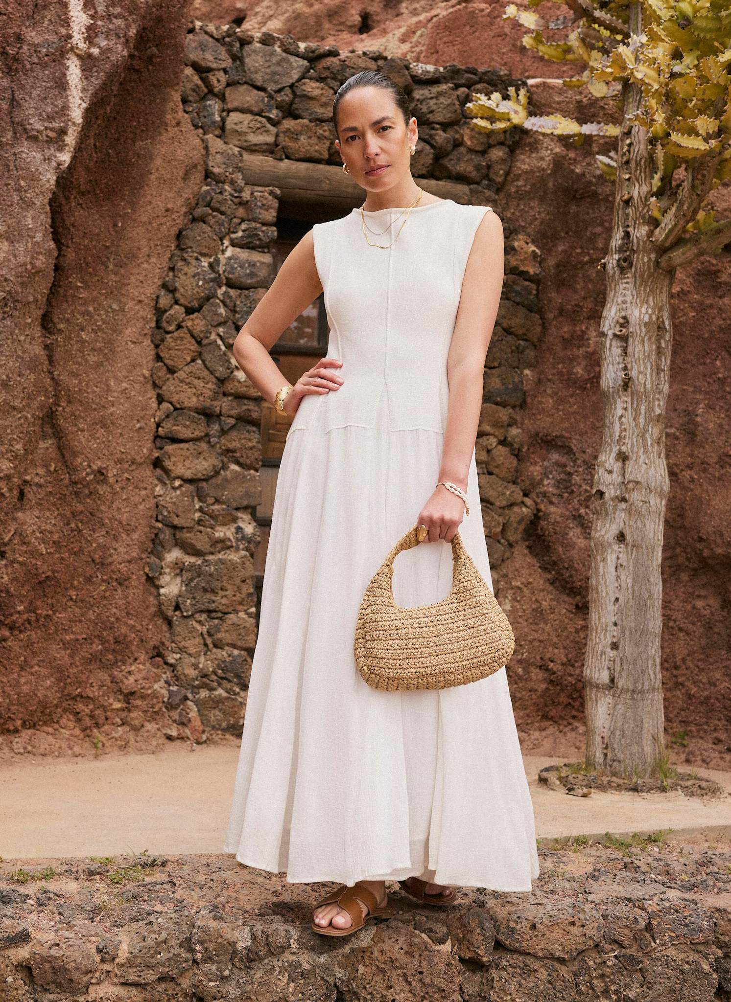 Cream Cotton Blend Drop Waist Maxi Dress