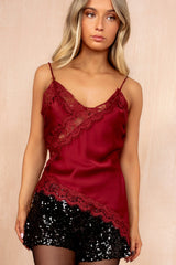 Bailey Wine Satin Lace Cami Top