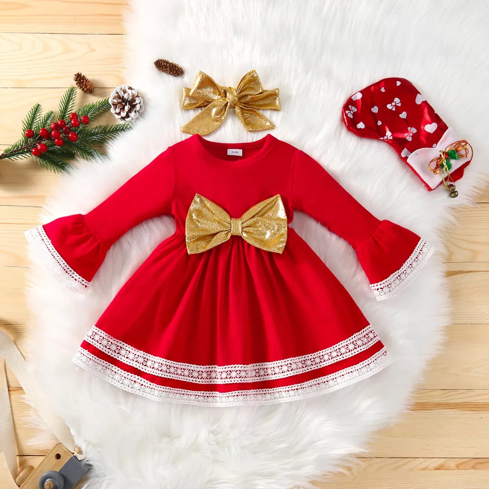 Red Christmas Dress for Baby Girls with Golden Bowknot and Headband