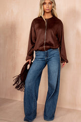 Janet Chocolate Faux Suede Bomber Jacket