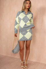 Kyra Grey and Yellow Knit Argyle Co Ord